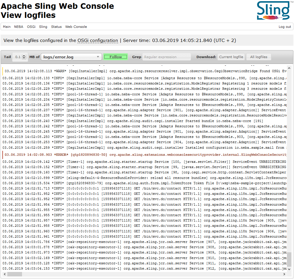 The NEBA log viewer allows following, analyzing and downloading logfiles of AEM or Sling instances
