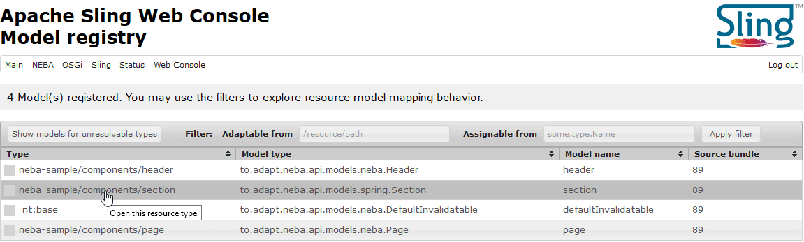 The NEBA model registry lists all resource models, their java type, bean name and source bundle id.